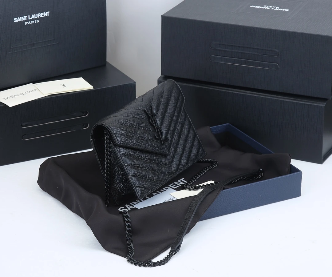 YSL ENVELOPE CHAIN WALLET IN GRAIN DE POUDRE EMBOSSED LEATHER 1888 2 1888-2