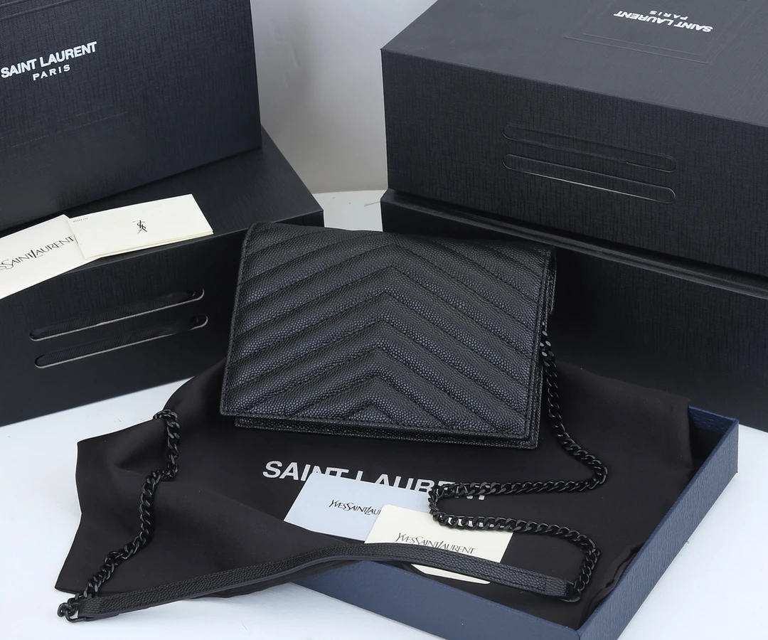 YSL ENVELOPE CHAIN WALLET IN GRAIN DE POUDRE EMBOSSED LEATHER 1888 3 1888-3