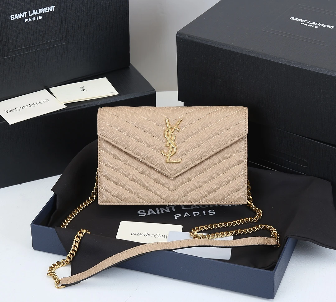 YSL ENVELOPE CHAIN WALLET IN GRAIN DE POUDRE EMBOSSED LEATHER 1888 1 beige